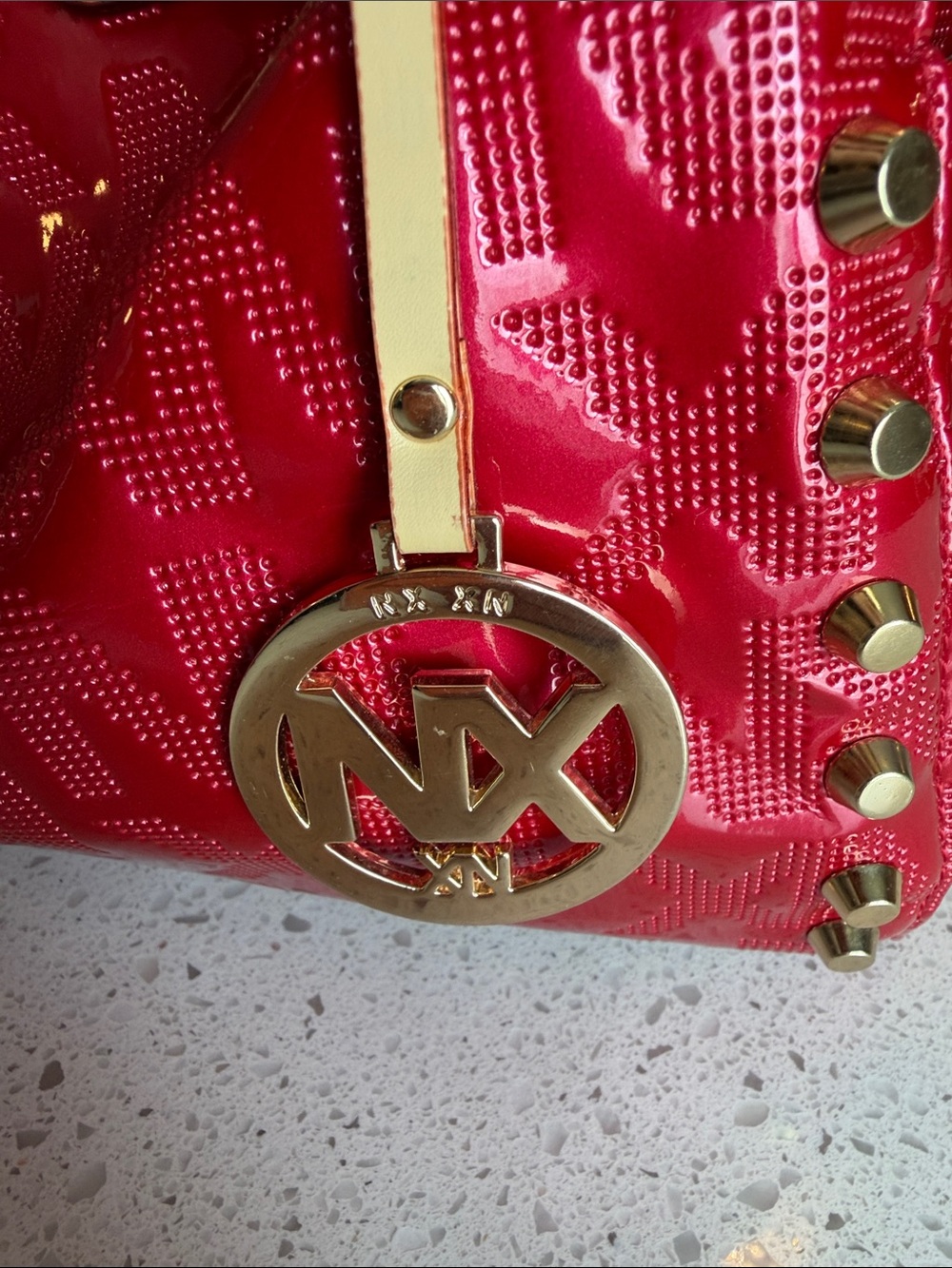 Patent Hot Pink Shoulder Bag with Tan Handles - Picture 2 of 10